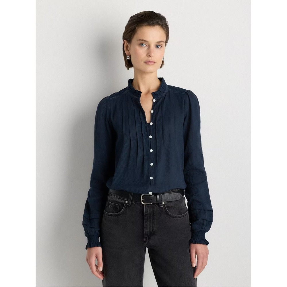 Quince Organic Textured Cotton Peasant Blouse Navy M Quiet Luxury Elevated FLAW